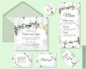 Vector floral template for wedding invitations. Orchid flowers, round gold frame, green plants, leaves. All elements are isolated. Invitation card, thanks, rsvp, menu. © Alena