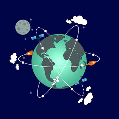 Vector abstract illustrated. Earth with orbital. Rocket, satellite, overcast, airplane, stars, moon.