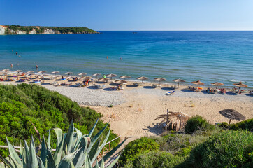 Picturesque sandy Gerakas beach - a breeding site of the caretta sea turtles, situated on Vassilikos peninsula of Zakynthos island on Ionian Sea, Greece.