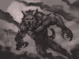 Digital illustration of terrifying werewolf creature diving at the camera under full moon - digital fantasy painting