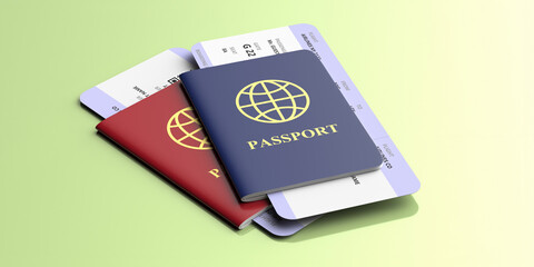 Passports and airplane tickets isolated on pastel green color background. 3d illustration