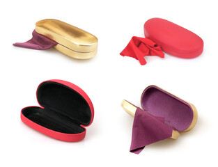 Set of fashionable plastic sunglasses cases isolated on a white background