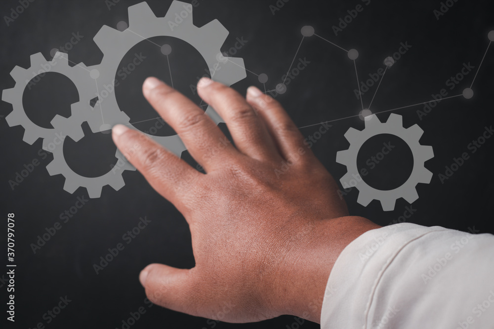 Poster blurred background virtual screen with a cog.new idea creative idea.concept of idea and innovation