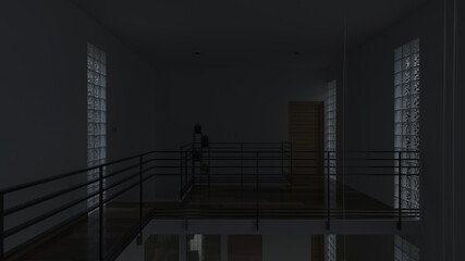 Empty Mezzanine Floor with Glass Bricks in Dim Light 3D Rendering - obrazy, fototapety, plakaty