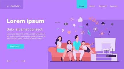 Cartoon happy family watching television together isolated flat vector illustration. Mother, father and kids relaxing on couch at home. Technology, lifestyle and entertainment concept