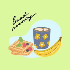 Composition with cup of cocoa, banana and waffles with berry