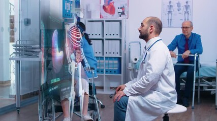 Future of medicine with holograms for health care diagnosis before surgery of elderly patient in wheelchair. Medicine for handicapped disabled senior with paralysis trauma. Health care future - Powered by Adobe