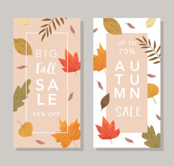Botanical autumn collection. Fall season sale banners, templates of hand drawn colorful fallen leaves, twigs, berries, forest mushrooms, tree branches. Cartoon textured composition with place for text