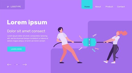 Groups of people pulling rope in tug of war play. Struggling team competing with each other. Vector illustration for game, contest, competition, confrontation concept
