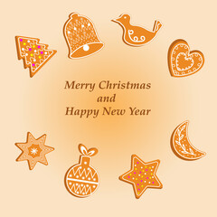 Postcard with Christmas cookie illustration. Vector drawing on a yellow background. For decoration, postcards, shops, gifts. 