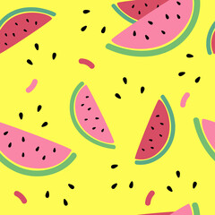 Seamless watermelon pattern on yellow background. Slices of fruit with seeds. Design for textile, fabric, wrapper, print. Hand drawing vector illustration in cartoon style