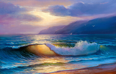 Sea wave on the beach at sunset time, sun rays, painting by oil on canvas. - obrazy, fototapety, plakaty