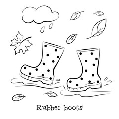 Rubber boots walk in puddles. Picture for coloring. Vector illustration isolated on a white background.