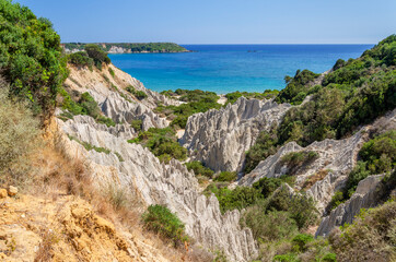 Fototapeta premium Picturesque sandy Gerakas beach - a breeding site of the caretta sea turtles, situated on Vassilikos peninsula of Zakynthos island on Ionian Sea, Greece.