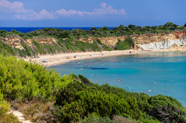 Picturesque sandy Gerakas beach - a breeding site of the caretta sea turtles, situated on Vassilikos peninsula of Zakynthos island on Ionian Sea, Greece.