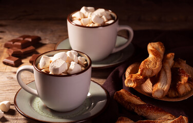 Hot chocolate with cinnamon and marshmallow on wooden background