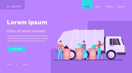 Cartoon people throwing out rubbish and trash into disposal containers flat vector illustration. Garbage truck standing on city road. Recycle service and industry concept