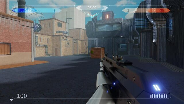 Mock-up of the Sci-Fi First Person Shooter. 3D Game Walkthrough, FPS with Gun on a Spaceship, War Against Flying Robots.