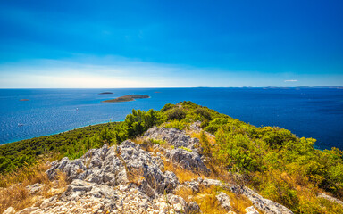 Panoramic view on adriatic coast from The Gaj hill over Primosten town in Croatia, Europe. - obrazy, fototapety, plakaty