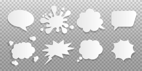 Set of empty paper white bubble speech and thought. Cartoon pop art and comic versus bubbles with soft shadow. Vector illustration isolated on transparent background.	
