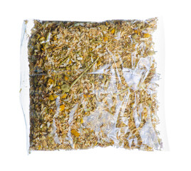 Dried herb chamomile on white background isolation, top view