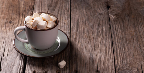 Cup of hot chocolate with cinnamon and marshmallow on wooden background