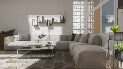 Furnished Living Room in Broad Daylight 3D Rendering
