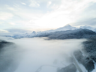 Aerial Views from Ushuaia, Tierra del Fuego known as "The End of The World". Winter views of the southern Andes