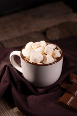 Hot chocolate with cinnamon and marshmallow on wooden background, vertical orientation