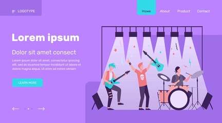 Famous rock band playing music and singing at stage flat vector illustration. Cartoon crowd of people standing near scene and waving hands. Concert and performance concept