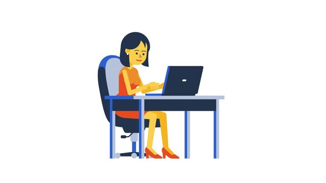 Happy Woman with laptop win - animation in flat style. Girl with computer glad arms raised. Looped video with alpha channel.