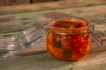 Vegetables in a glass jar. Variously prepared vegetables.