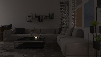 Dimly Illuminated Living Room with Furniture 3D Rendering