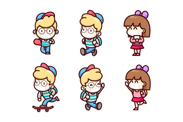 BOY AND GIRL BACK TO SCHOOL IN NEW NORMAL CARTOON ILLUSTRATION 