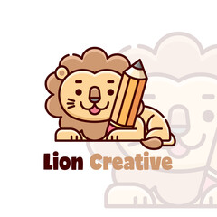 Fototapeta premium CUTE LION HUGGING A PENCIL CARTOON LOGO