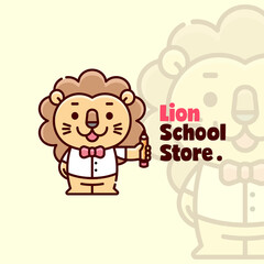 CUTE HAPPY FACE LION STANDING AND BRING PENCIL CARTOON LOGO