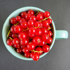 close up red currant berries in a turquoise Cup on a dark background top view . summer seasonal red berries