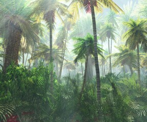Obraz premium Dżungla we mgle, promienie w lesie, palmy rano we mgle, słońce w parku, renderowanie 3D