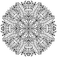 abstract leaf mandala drawn on a white background for coloring, vector
