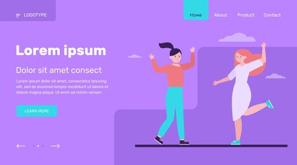 Girls having fun outdoors. Young woman, female friends celebrating and dancing flat vector illustration. Friendship, leisure, party concept for banner, website design or landing web page