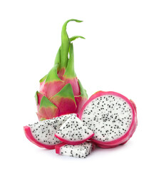 Delicious cut and whole dragon fruits (pitahaya) on white background