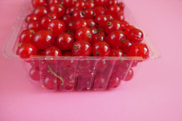 red currant berries in a plastic container on a pink background side view . lots of red berries