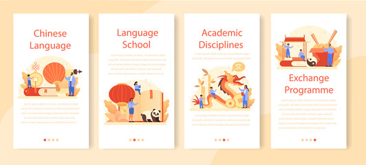 Naklejka premium Chinese learning mobile application banner set. Language school