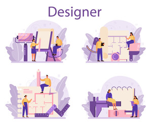 Professional interior designer concept set. Decorator planning