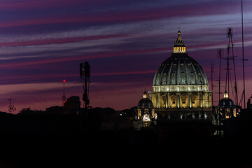 Chapel of St. Peter's Basilica at dramatic sunset in Vatican City. In a city landscape