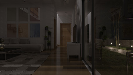 Dimly Illuminated Living Room and Patio Behind the Sliding Doors at Night 3D Rendering