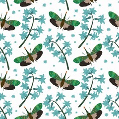Vector seamless pattern with butterflies and flowers in the Scandinavian style. Background.