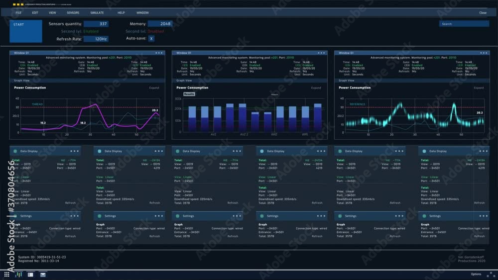 Leinwandbilder Computer User Interface Showing Various Infographics, Monitoring Data Transfer Speeds, Statistics, Analytics and Stable Functioning of Server Database