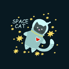 Vector blue space cat on a black background.