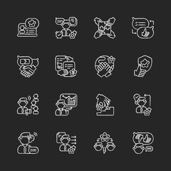 Fototapeta premium Communication skills chalk white icons set on black background. Different professional talents and personal traits. Self development, teamwork skills. Isolated vector chalkboard illustrations